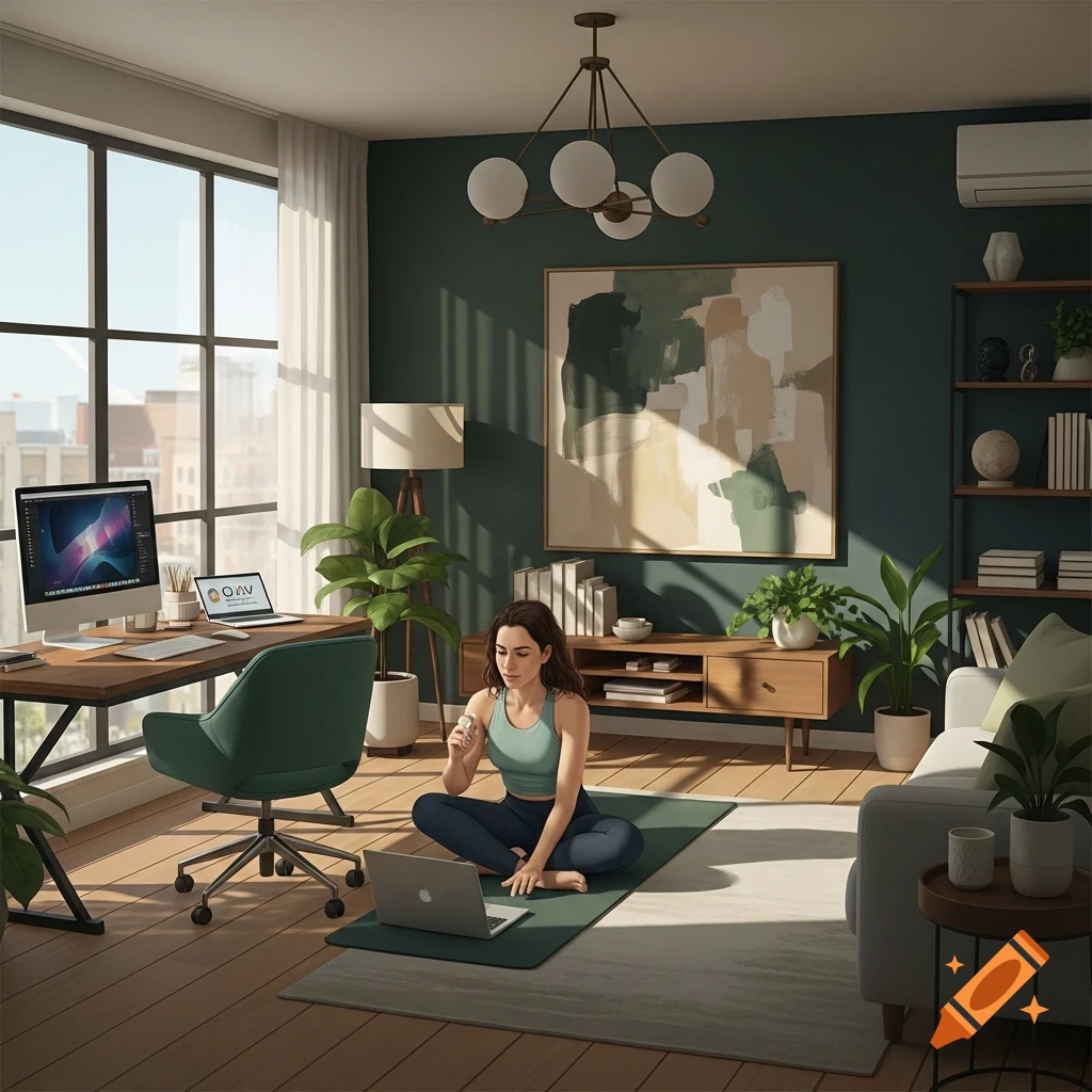 A woman sits on a yoga mat in a modern home office, looking at a laptop with a desk and large windows nearby.