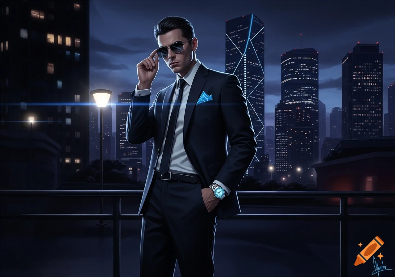A stylish man in a suit and sunglasses stands on a balcony overlooking ...