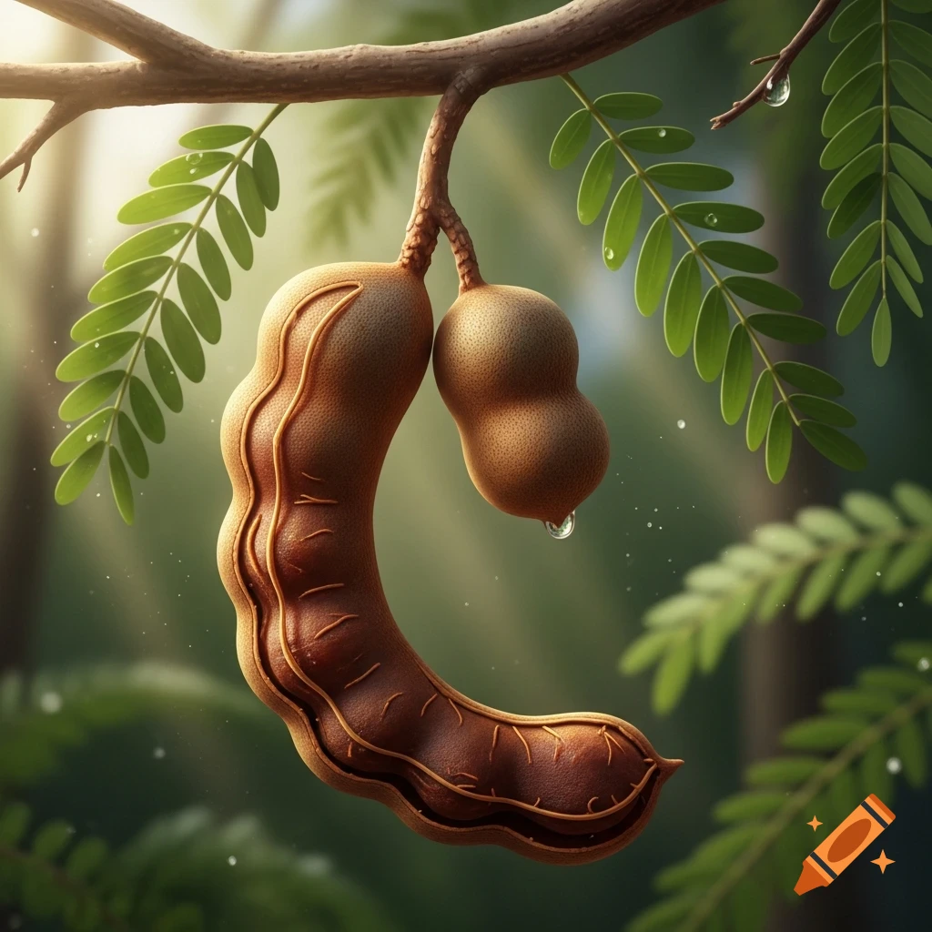 Two brown tamarind pods with green leaves, hanging from a branch in a sunlit natural setting, with water droplets.