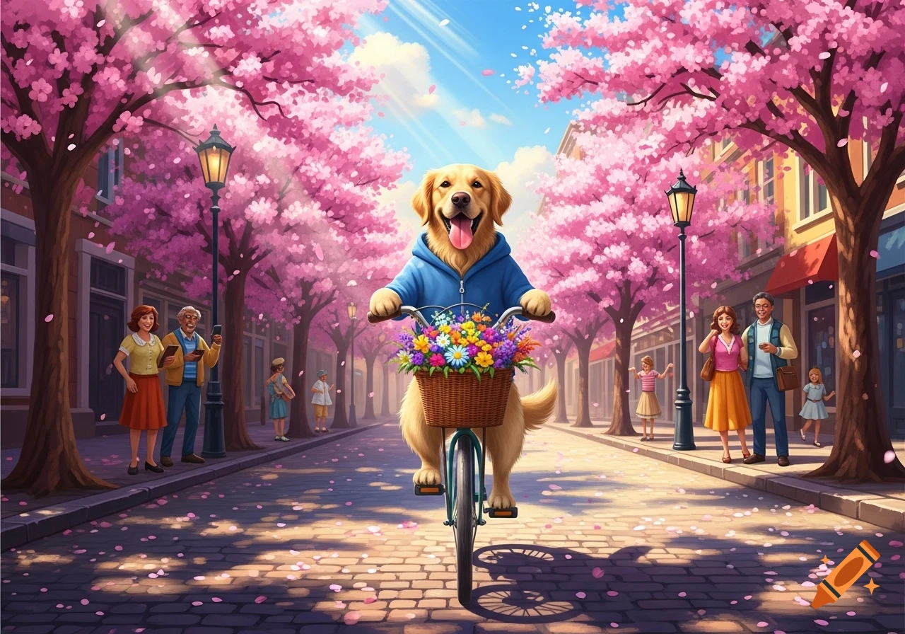 A happy golden retriever in a blue hoodie rides a bicycle with a basket of colorful flowers down a cherry blossom-lined street.