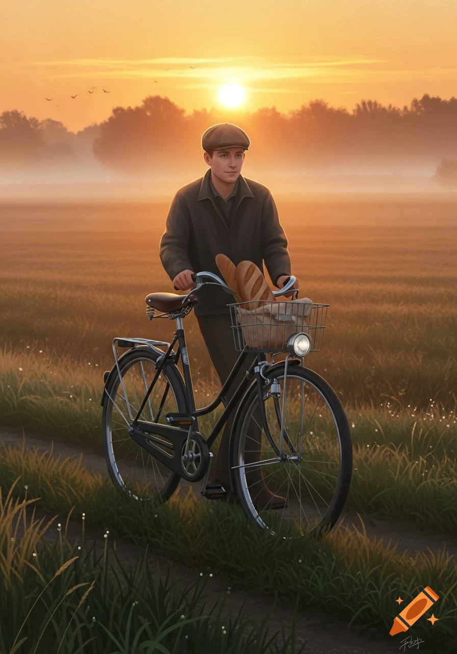 An illustration of a young man in a cap pushing a bicycle with bread in its basket through a misty field at sunrise.