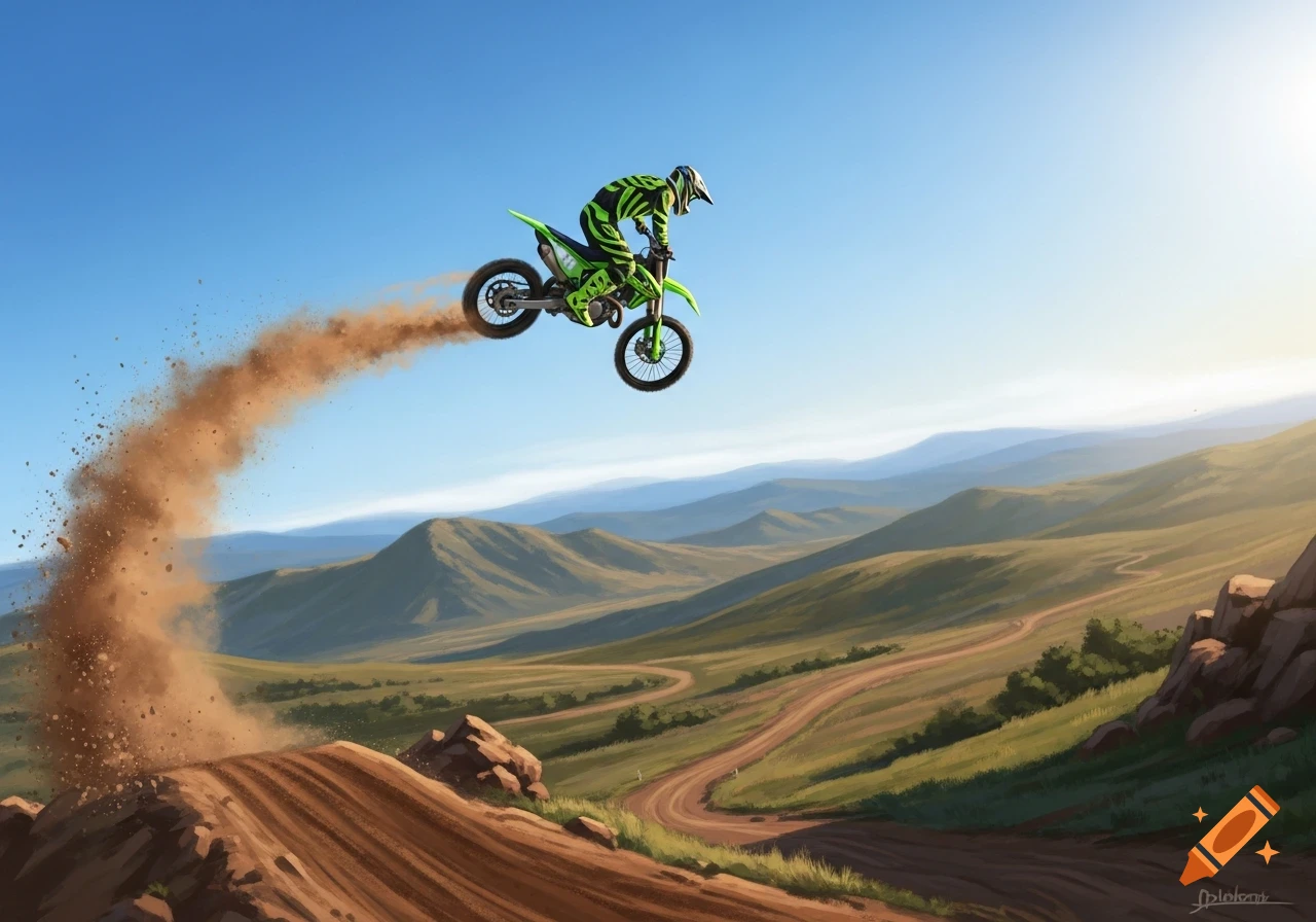 Motocross rider in green and black gear launching a dirt bike over a mound, creating a dust trail against a sunny, blue sky and rolling hills.