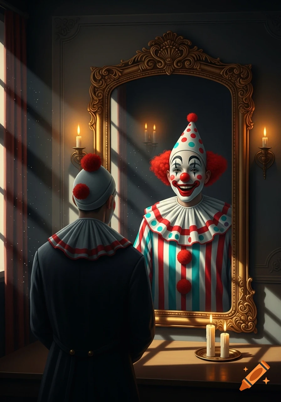 A person in a simple costume looks into an ornate mirror, their reflection transformed into a smiling, red-haired clown with a polka-dot hat.