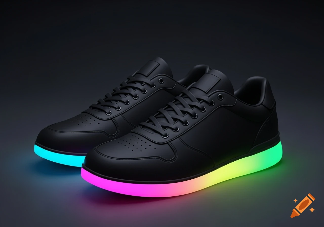 Pair of black sneakers with glowing neon soles in blue, pink, and green, on a dark background.