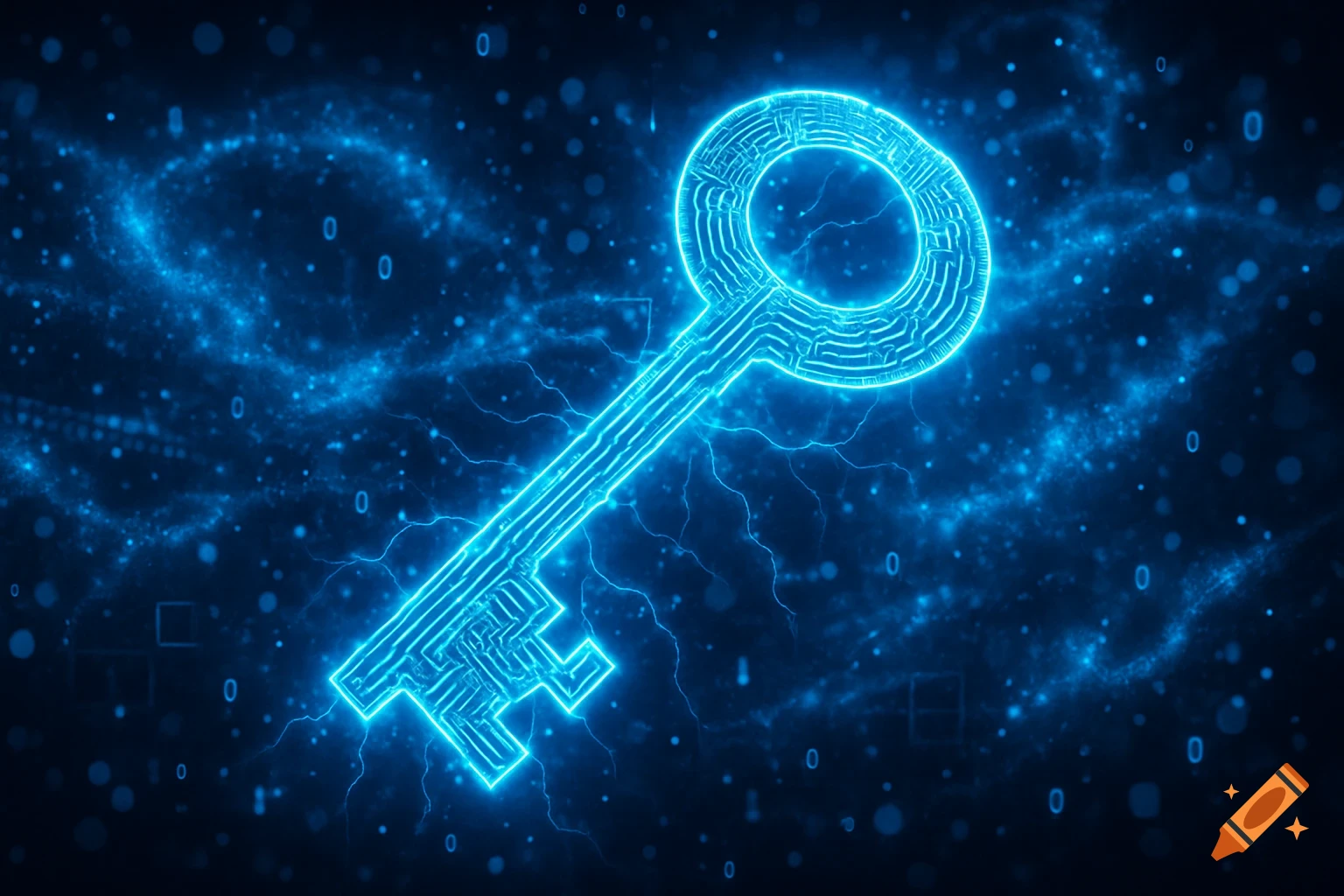 A glowing neon blue key with circuit board patterns against a dark blue background with digital sparks and binary code.