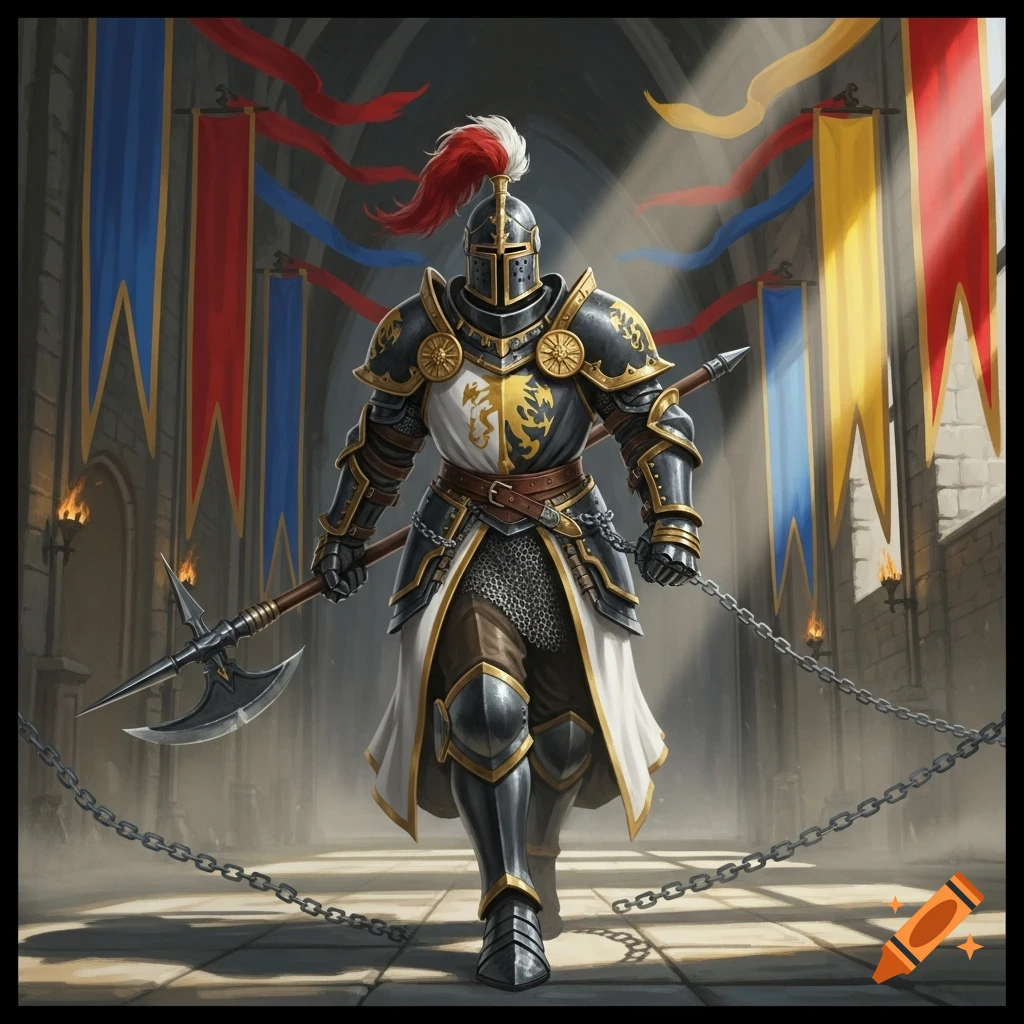 A fantasy illustration of a knight in black and gold armor with a halberd, advancing in a castle hallway with banners.