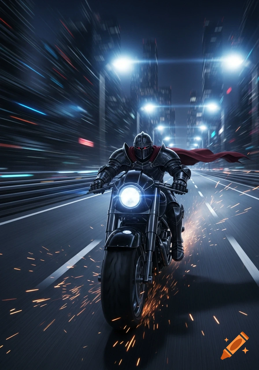 A black armored knight with a red cape rides a motorcycle at high speed on a futuristic city highway at night, with sparks flying.