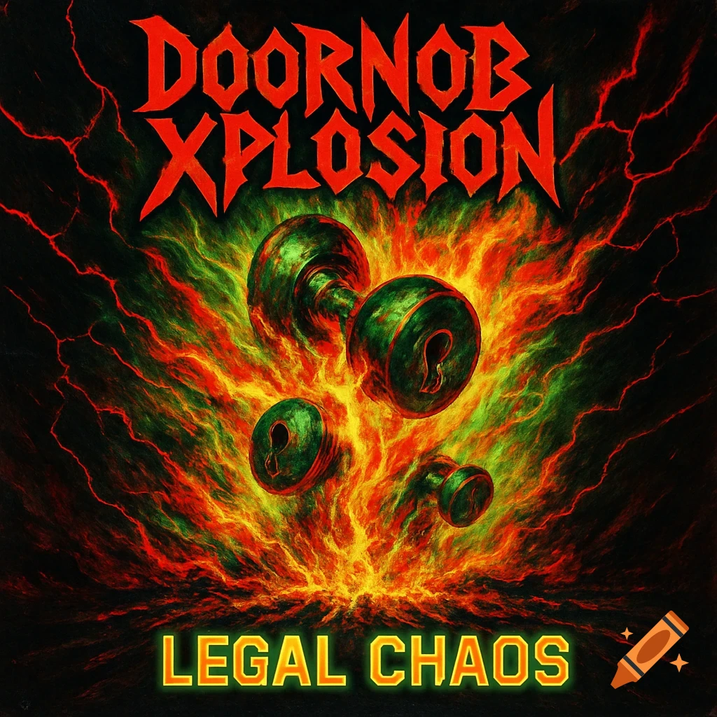 Thrash metal album cover with exploding green doorknobs amid red-green fire. Text: DOORNOB XPLOSION, LEGAL CHAOS.