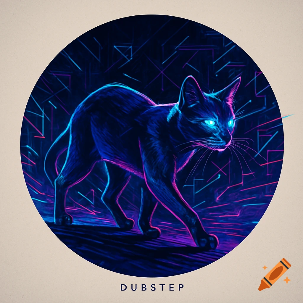 Neon blue and pink glowing black cat walking in a dark circular frame with circuit patterns. Text 'DUBSTEP'.