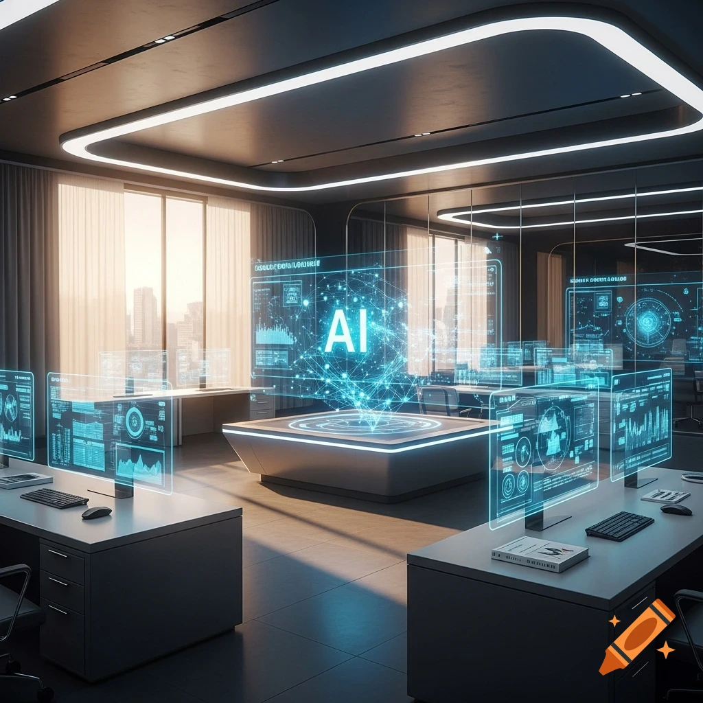 A sleek, futuristic office with holographic screens displaying 'AI' and ...