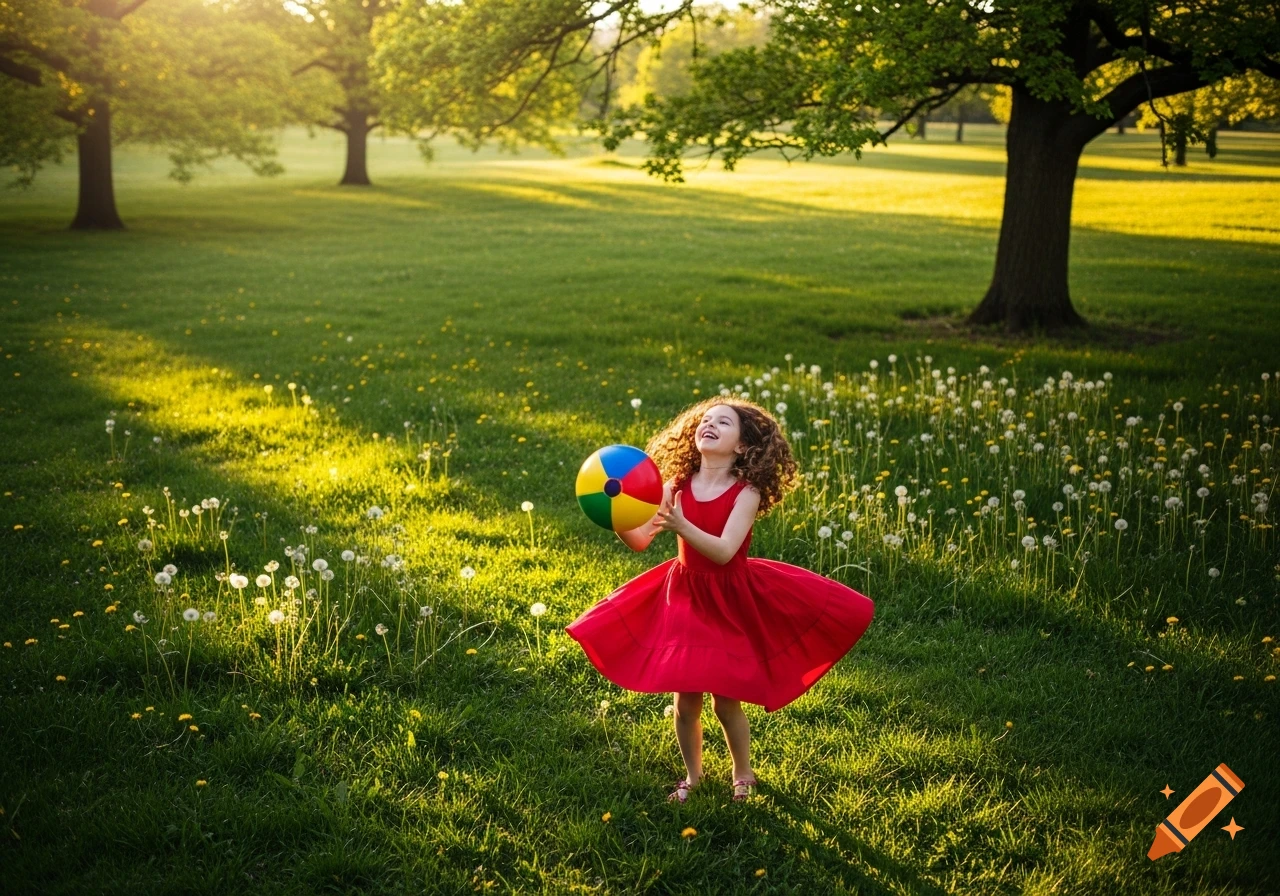 A happy young girl in a red dress laughs while playing with a colorful beach ball in a sunny green park filled with dandelions.