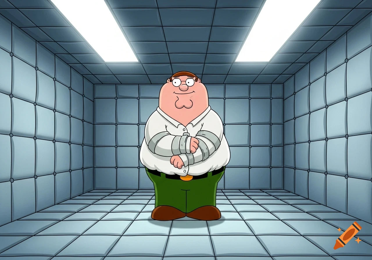 Peter Griffin from Family Guy in a white straitjacket stands smiling in a padded room with light grey walls and ceiling.