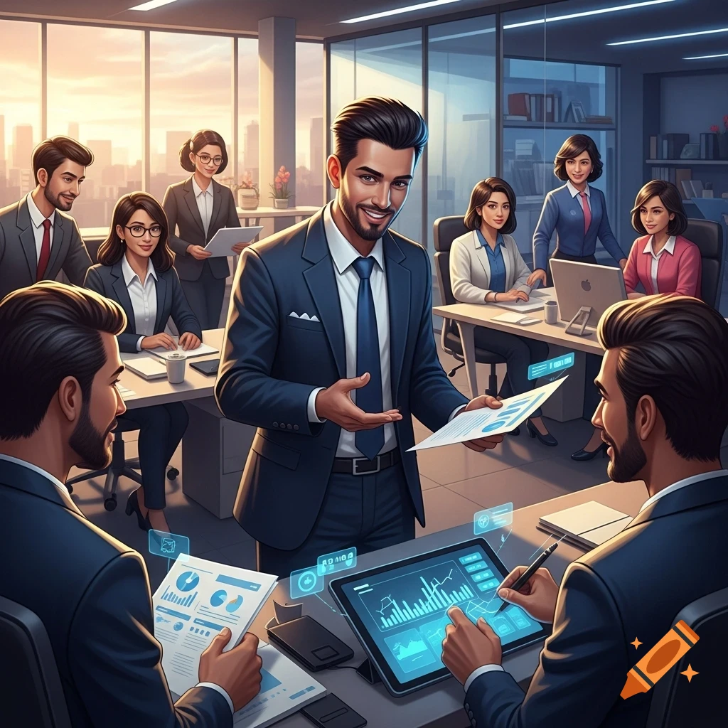 A diverse group of professionals in an office meeting, with a man presenting charts and data to his colleagues.