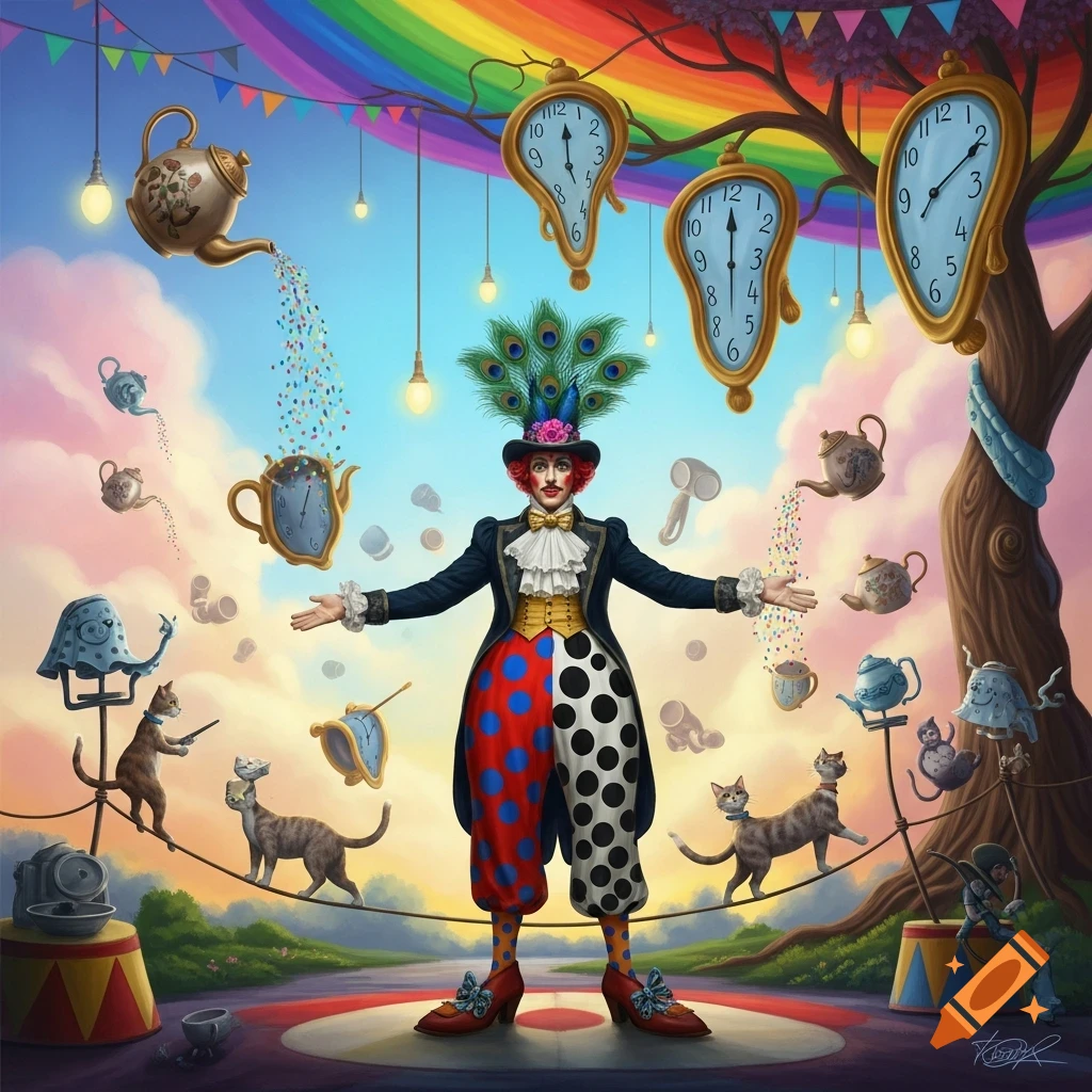 A whimsical clown in a polka-dot suit stands amidst floating teapots, melting clocks, and cats on a tightrope under a rainbow sky.
