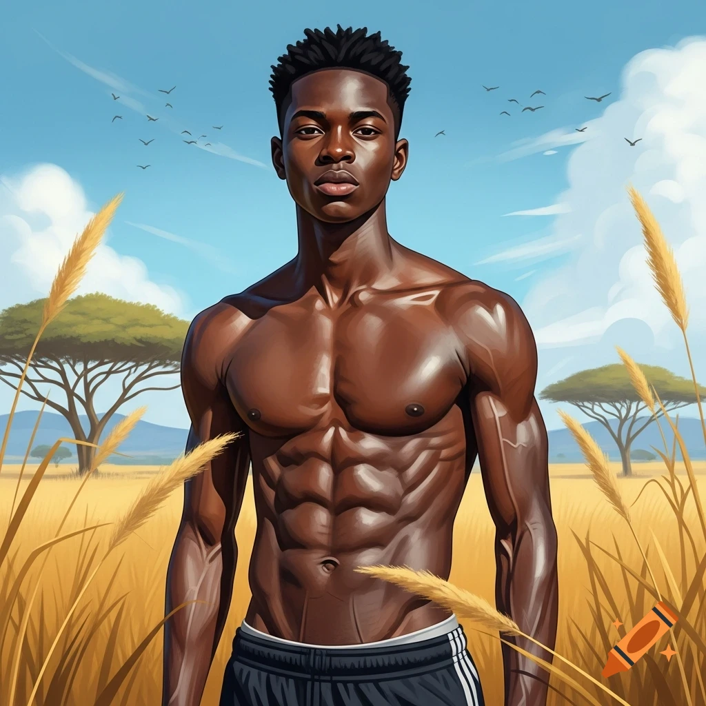 Muscular young Black man stands shirtless in a sunlit savanna with tall grass and acacia trees under a blue sky. Digital art style.