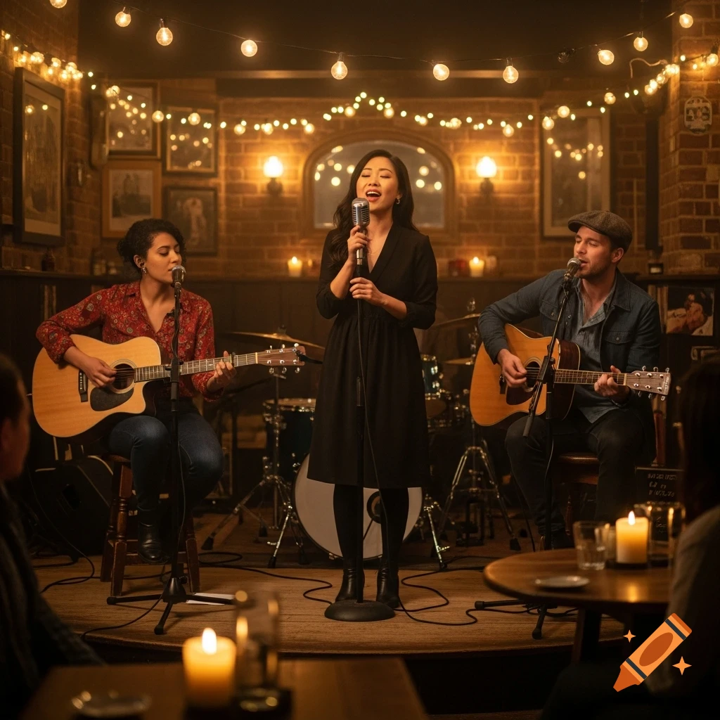 A musical trio performs live on a small stage in a cozy London pub, bathed in warm string light glow.