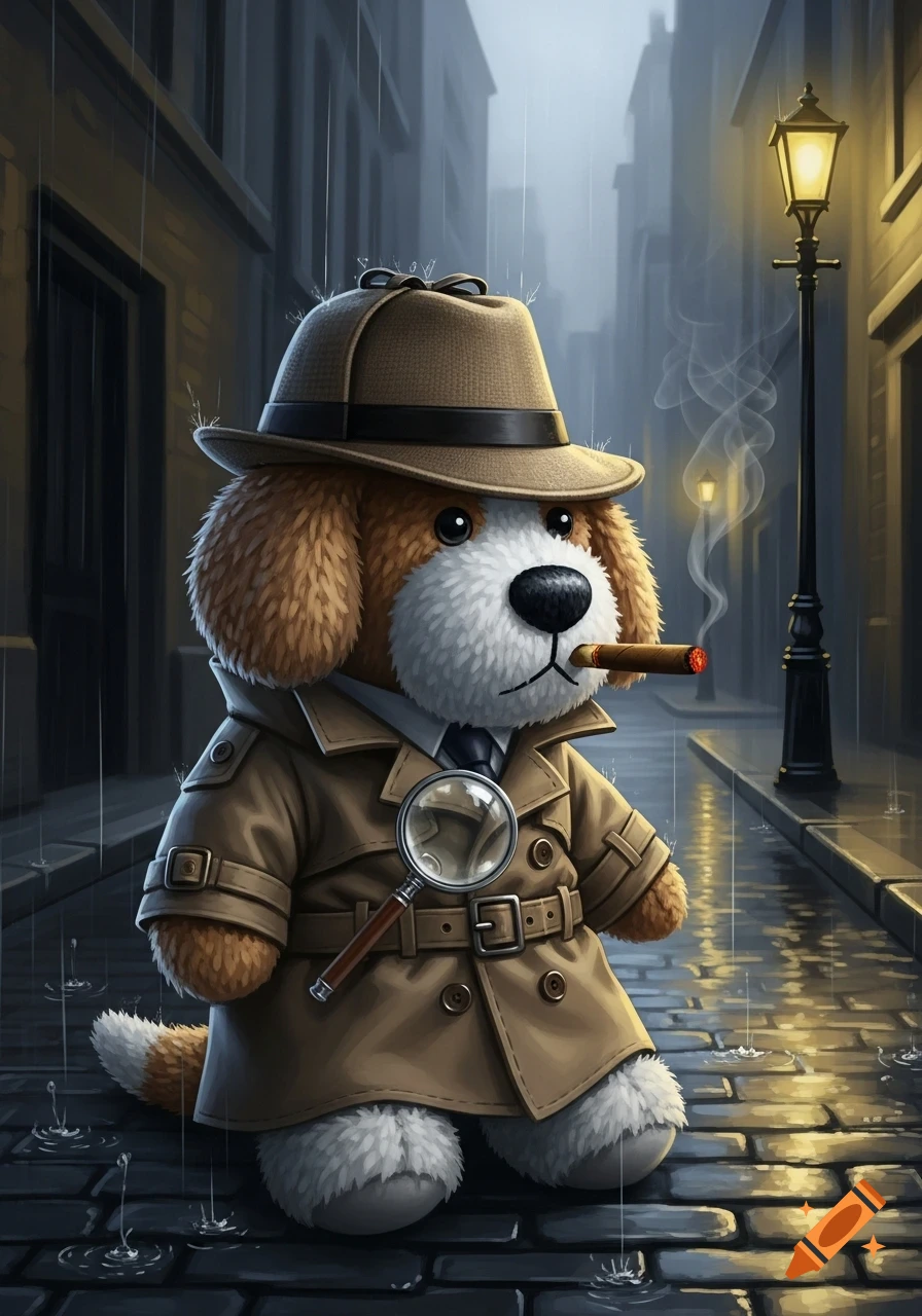 A fluffy stuffed dog detective in a trench coat and fedora, holding a magnifying glass and smoking a cigar, stands in a rainy city alley.