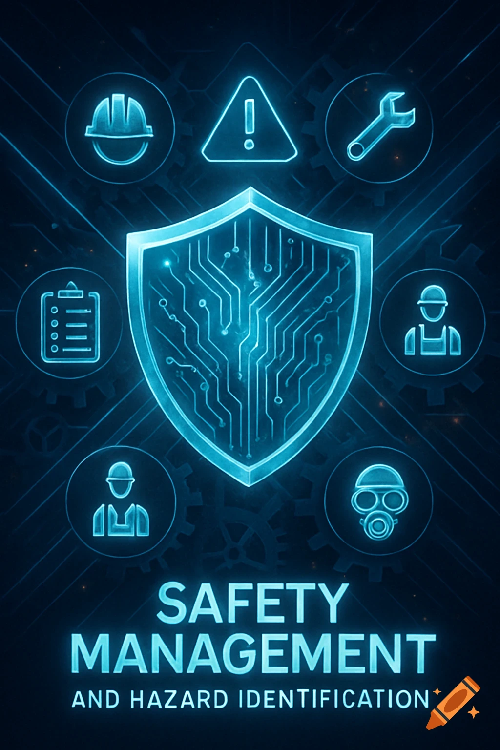 A glowing blue shield with circuit patterns surrounded by neon safety icons and text "SAFETY MANAGEMENT AND HAZARD IDENTIFICATION".