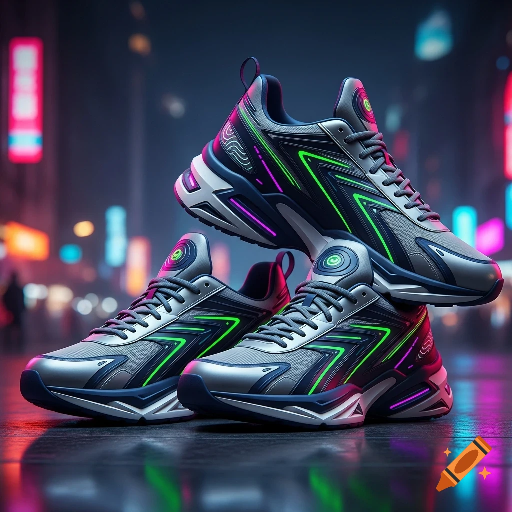 Three futuristic sneakers with neon green and purple accents, resting on a reflective surface with a blurry cyberpunk city background.
