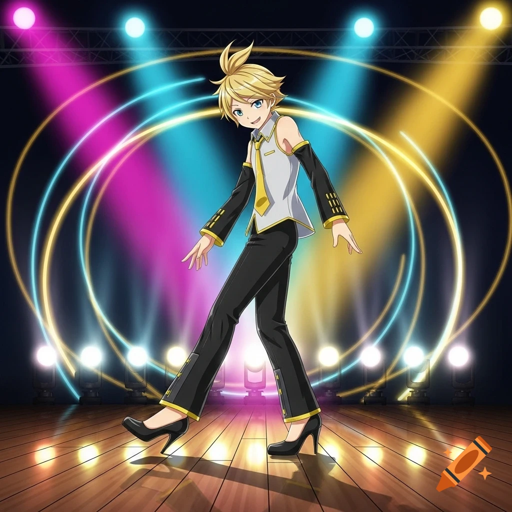 Kagamine Len in a white vest, black pants, and high heels on a stage with colorful spotlights.