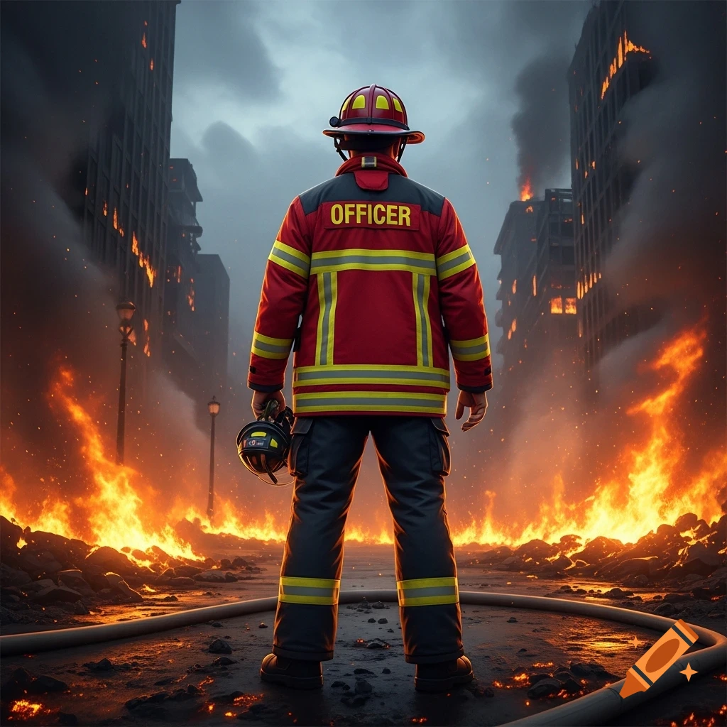 Firefighter in a red jacket with 'OFFICER' on the back stands in a burning city with smoke and flames.