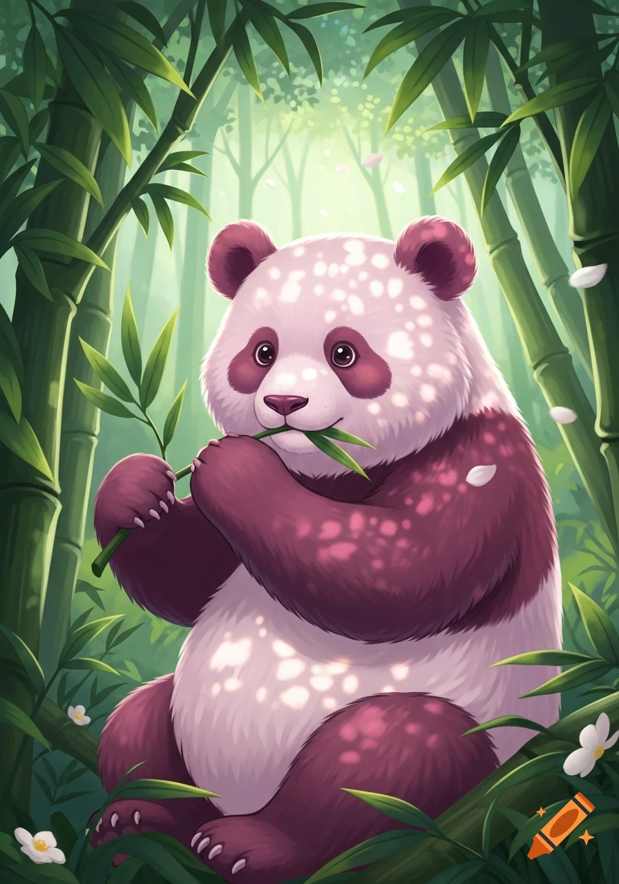 A cute pink panda with white spots eats bamboo leaves in a vibrant, stylized bamboo forest with dappled sunlight.