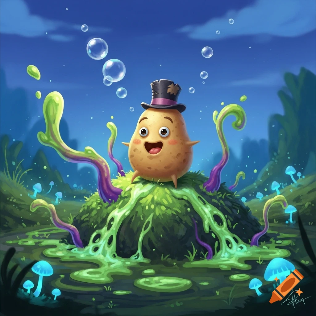 A whimsical illustration of a happy potato with a top hat on a glowing green slime mound, surrounded by blue mushrooms and bubbles in a fantasy landscape.