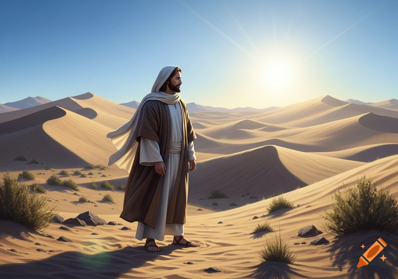 Jesus stands alone, looking out over a vast, sunny desert landscape with sweeping sand dunes and sparse shrubs under a clear blue sky.