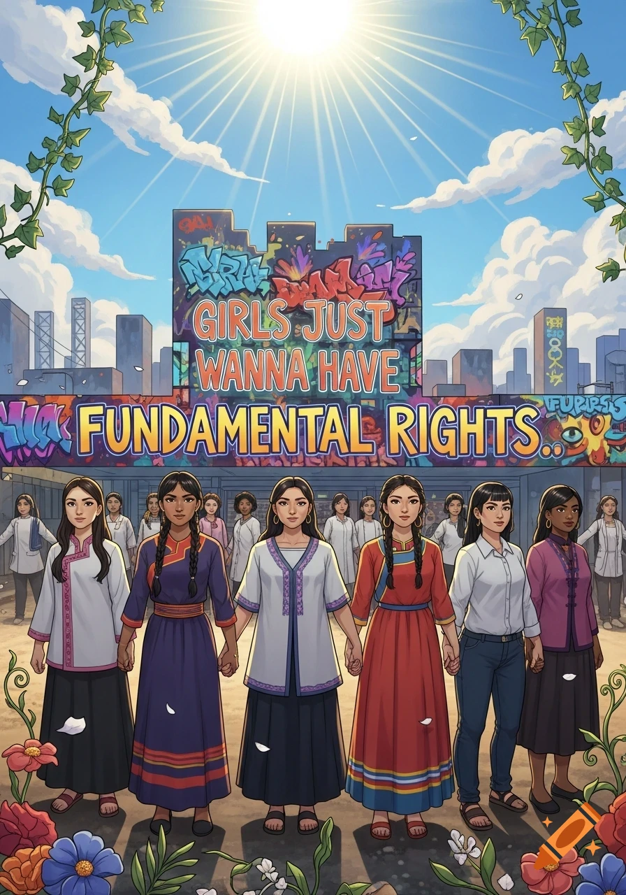 Diverse women hold hands in a vibrant city street under a mural reading 'GIRLS JUST WANNA HAVE FUNDAMENTAL RIGHTS', cartoon style.