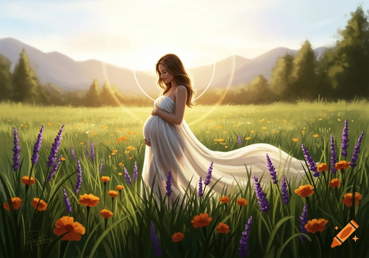 An artistic illustration of a pregnant woman in a flowing white dress standing in a sunlit wildflower meadow with mountains in the background.