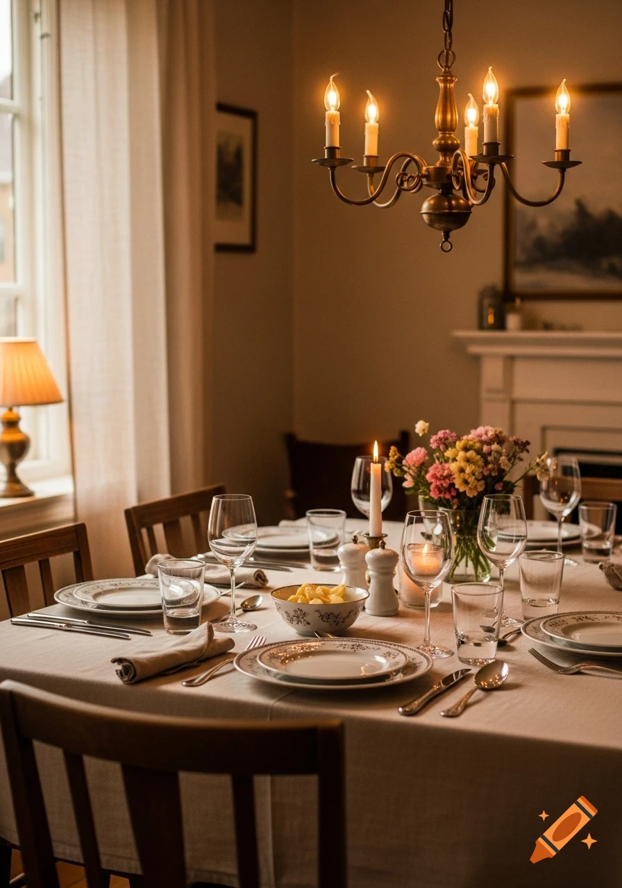 A beautifully set dining table with flowers, candles, and china in a warm, softly lit dining room.