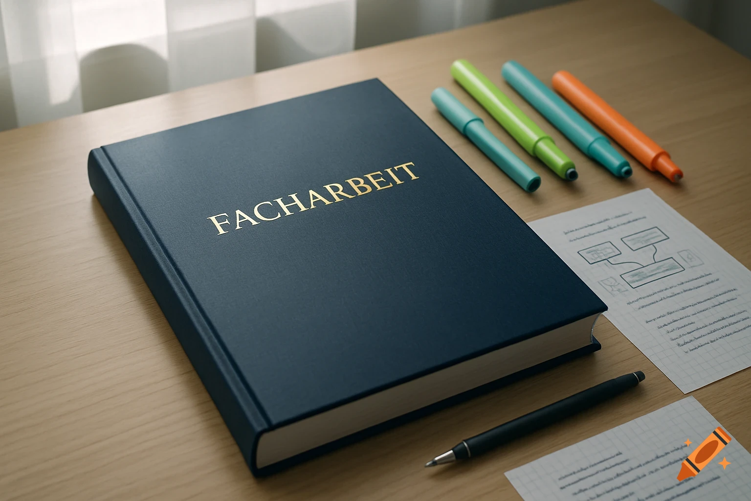 A dark blue book titled 'FACHARBEIT' with gold lettering lies on a wooden desk, surrounded by colorful markers, a pen, and papers with diagrams.