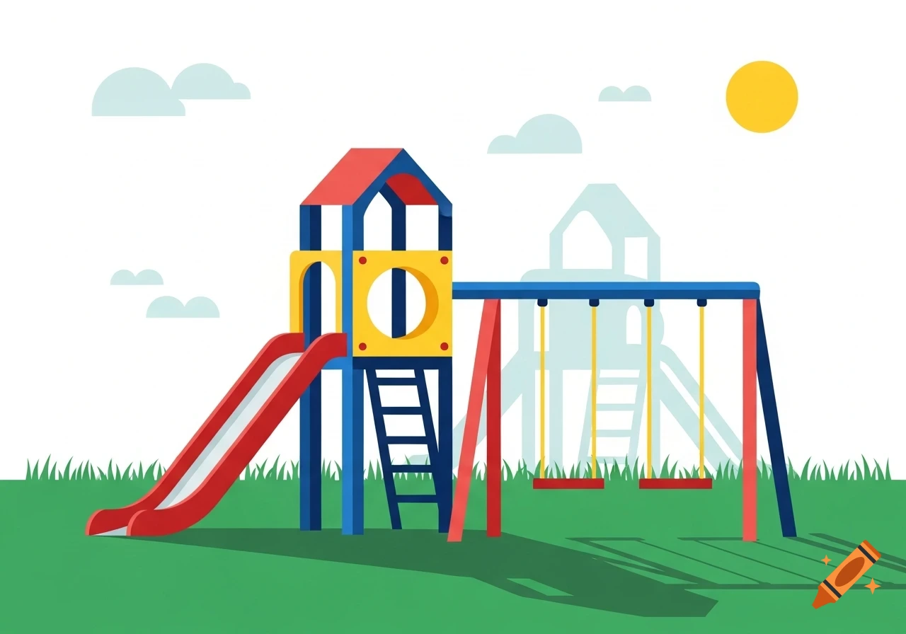 A colorful flat illustration of a playground with a red slide, blue swings, and a yellow climbing structure on green grass.