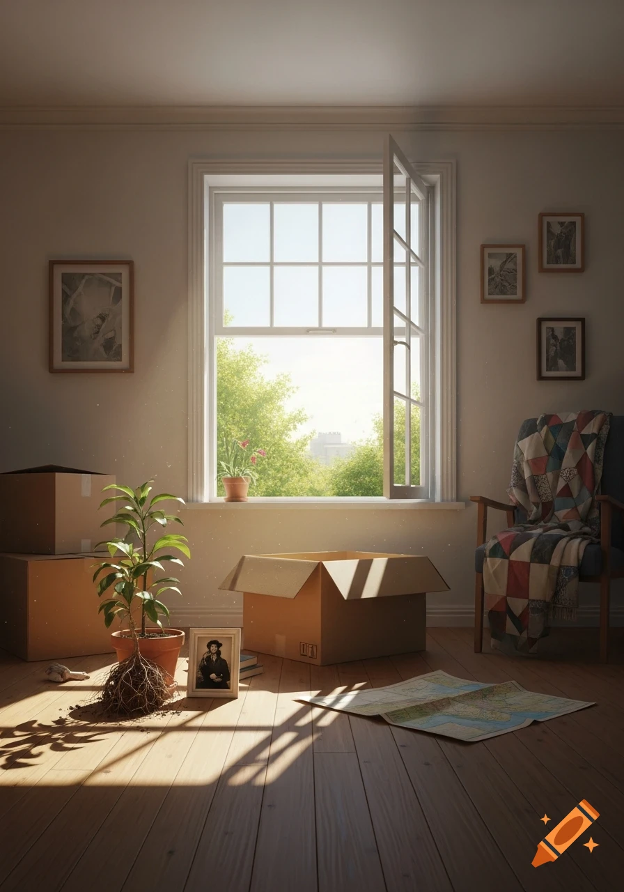 A sunlit room with moving boxes, a potted plant with exposed roots, a framed picture, and a map on a wooden floor.