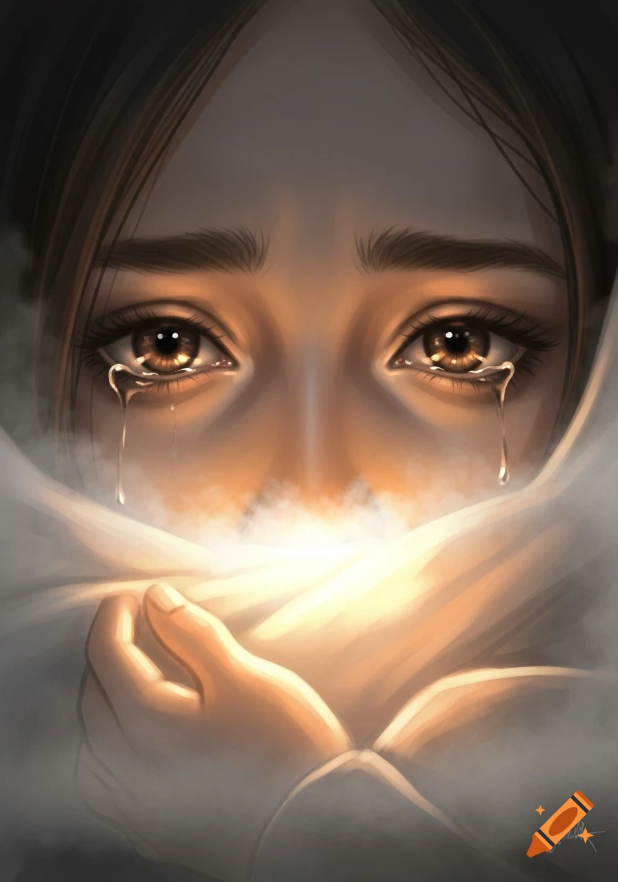 Digital painting of a person's crying eyes, tears streaming down their face, holding a glowing white cloth over their mouth.