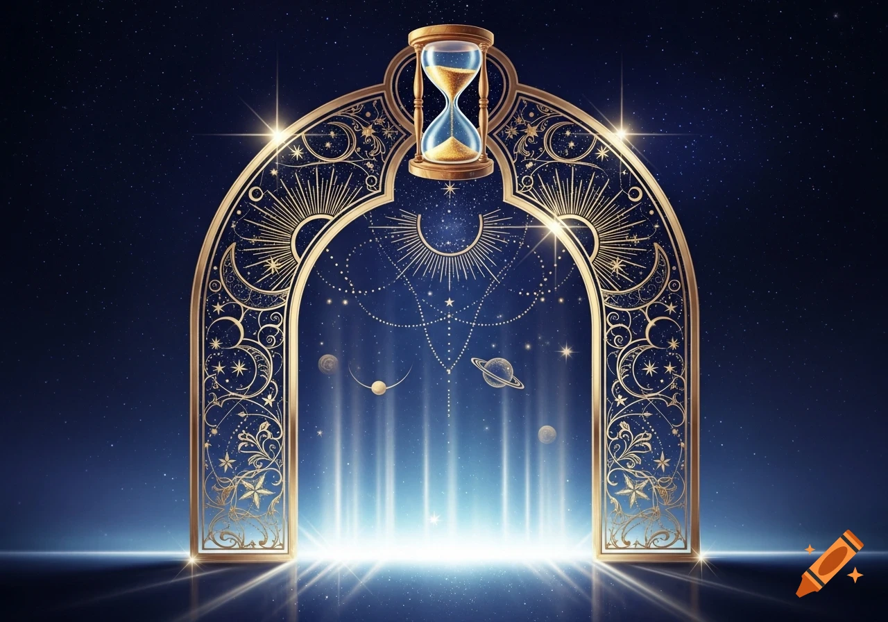 Ornate golden arch with an hourglass, celestial patterns, planets, and glowing light against a starry night sky.