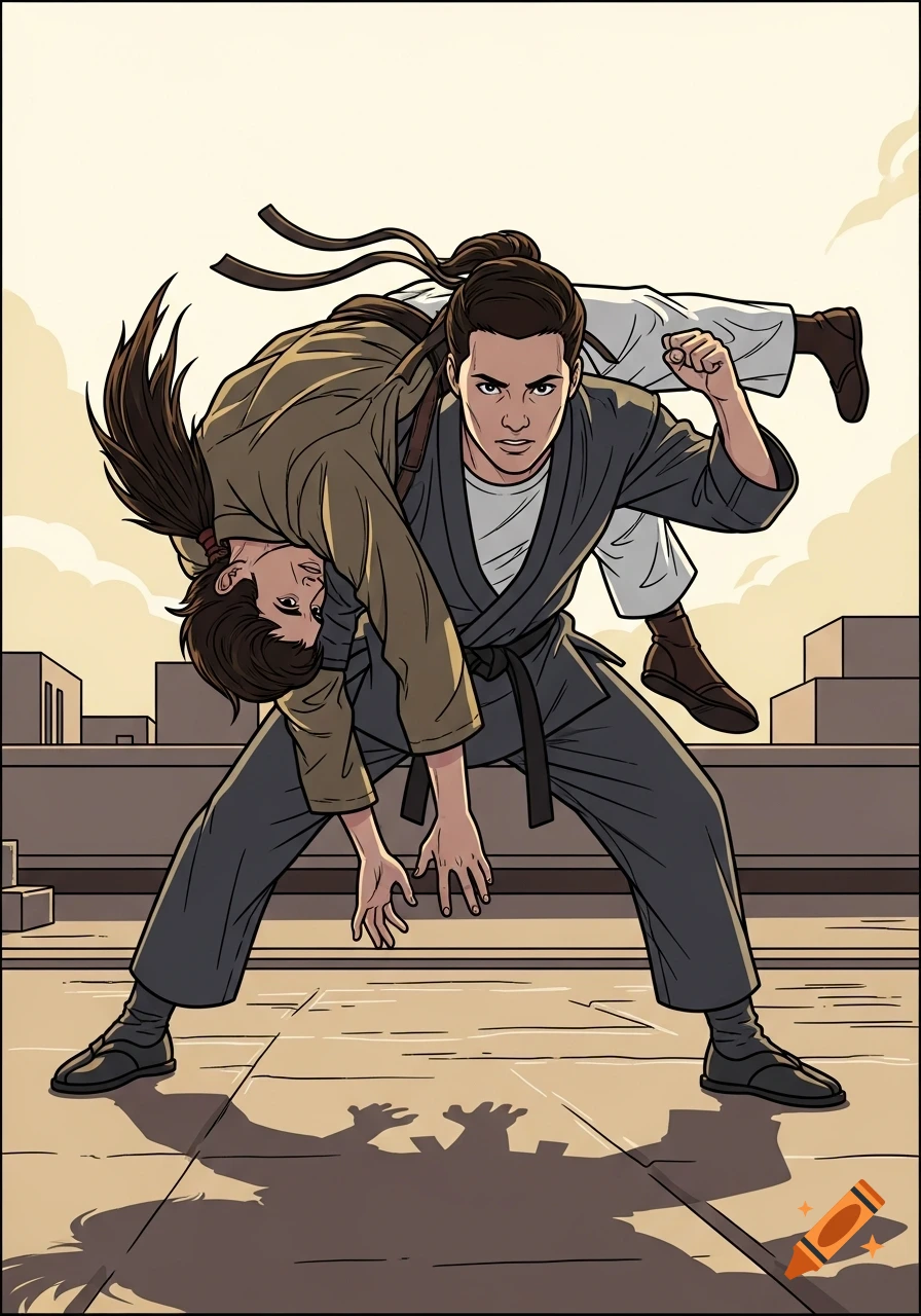 A martial artist in a grey gi flips an opponent over their shoulder on a rooftop, in a dynamic graphic novel style.