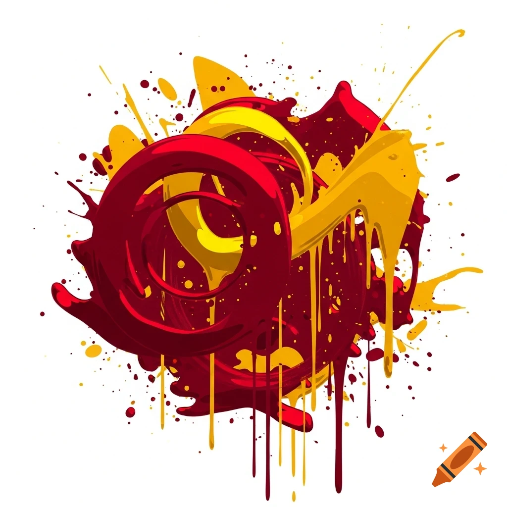 An abstract background of vibrant red and yellow paint splashes and drips against a white background.