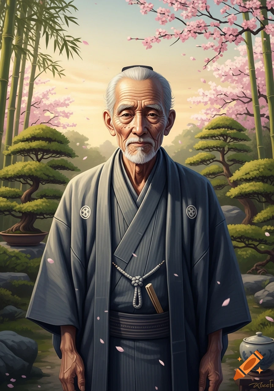 A portrait of an old Japanese man with a white beard, wearing traditional grey clothing, standing in a serene garden with bamboo and cherry blossoms.