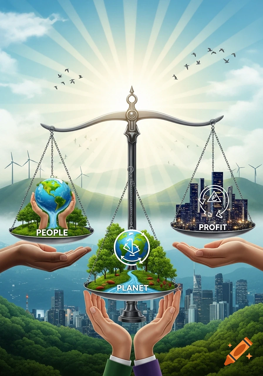 A balance scale weighing 'People' (globe in hands), 'Profit' (cityscape), and 'Planet' (nature) under a sunny sky.