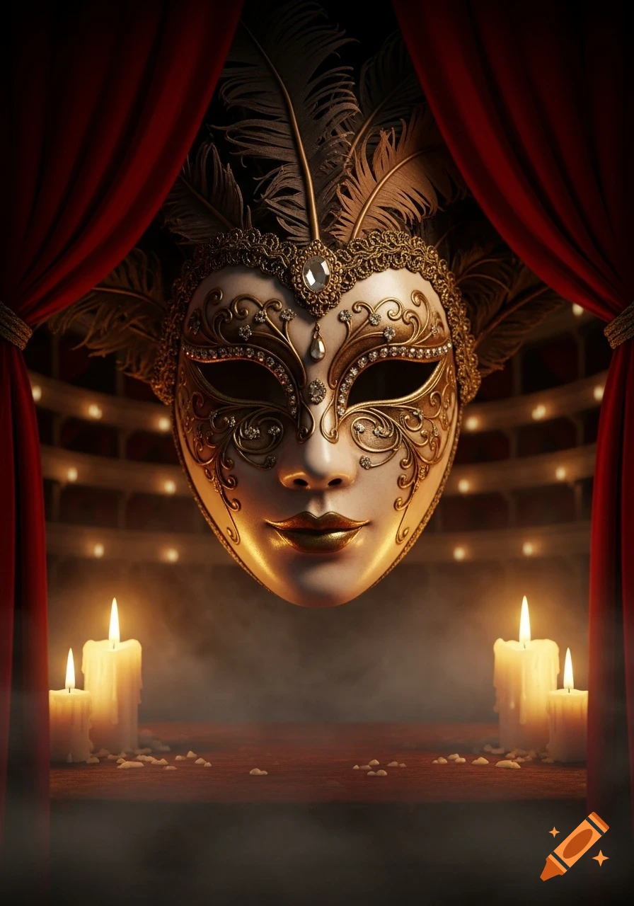 An ornate white and gold Venetian mask adorned with feathers and jewels hangs on a stage with red velvet curtains and lit candles casting a glow.