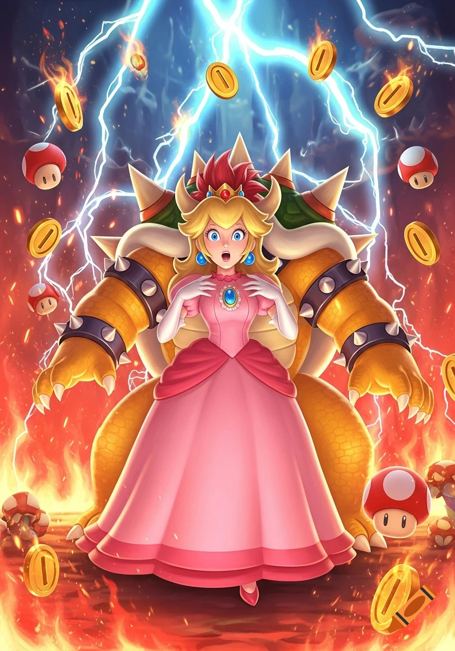Princess Peach looks shocked as she transforms into Bowser, surrounded by fire, lightning, gold coins, and mushrooms in a dramatic art style.
