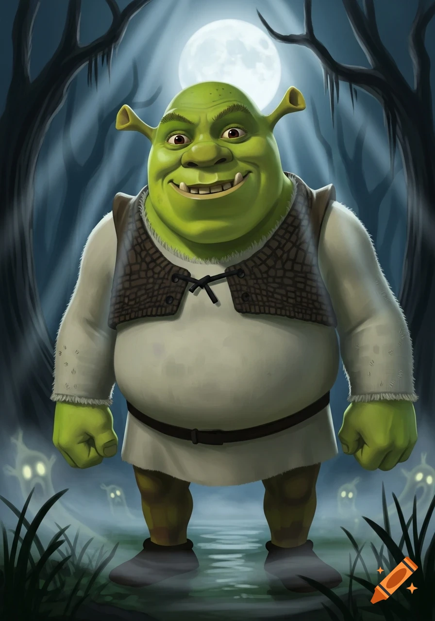 Shrek stands in a moonlit swamp with a creepy smile, glowing eyes in the background, illustrated.