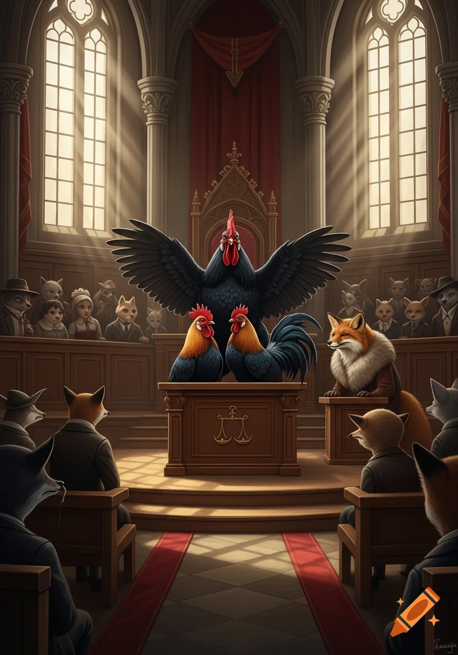 Anthropomorphic animals in a grand courtroom. A large black rooster stands behind two smaller roosters, facing a fox.
