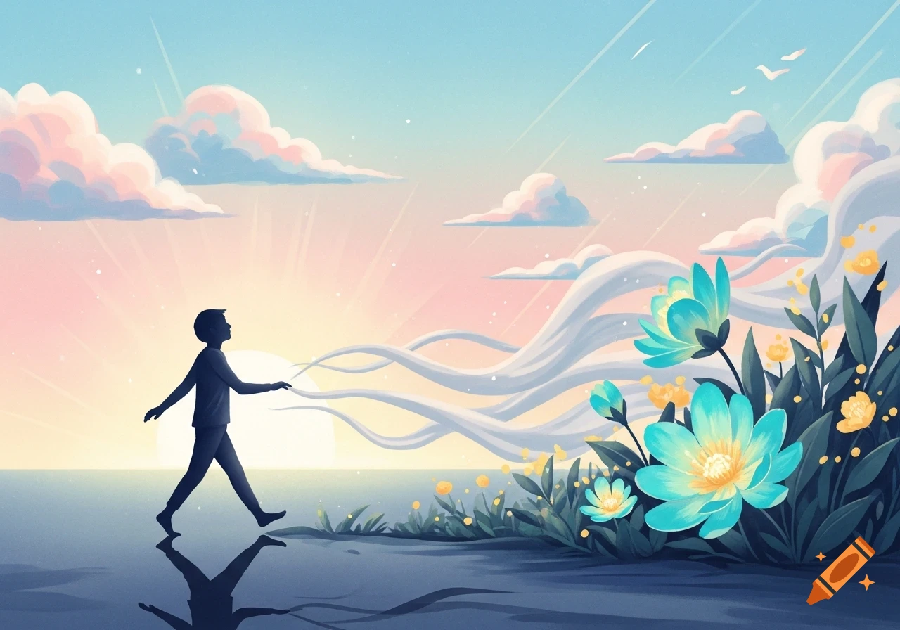 A stylized silhouette of a person walking towards a glowing sunrise, with large teal and yellow flowers and soft clouds.