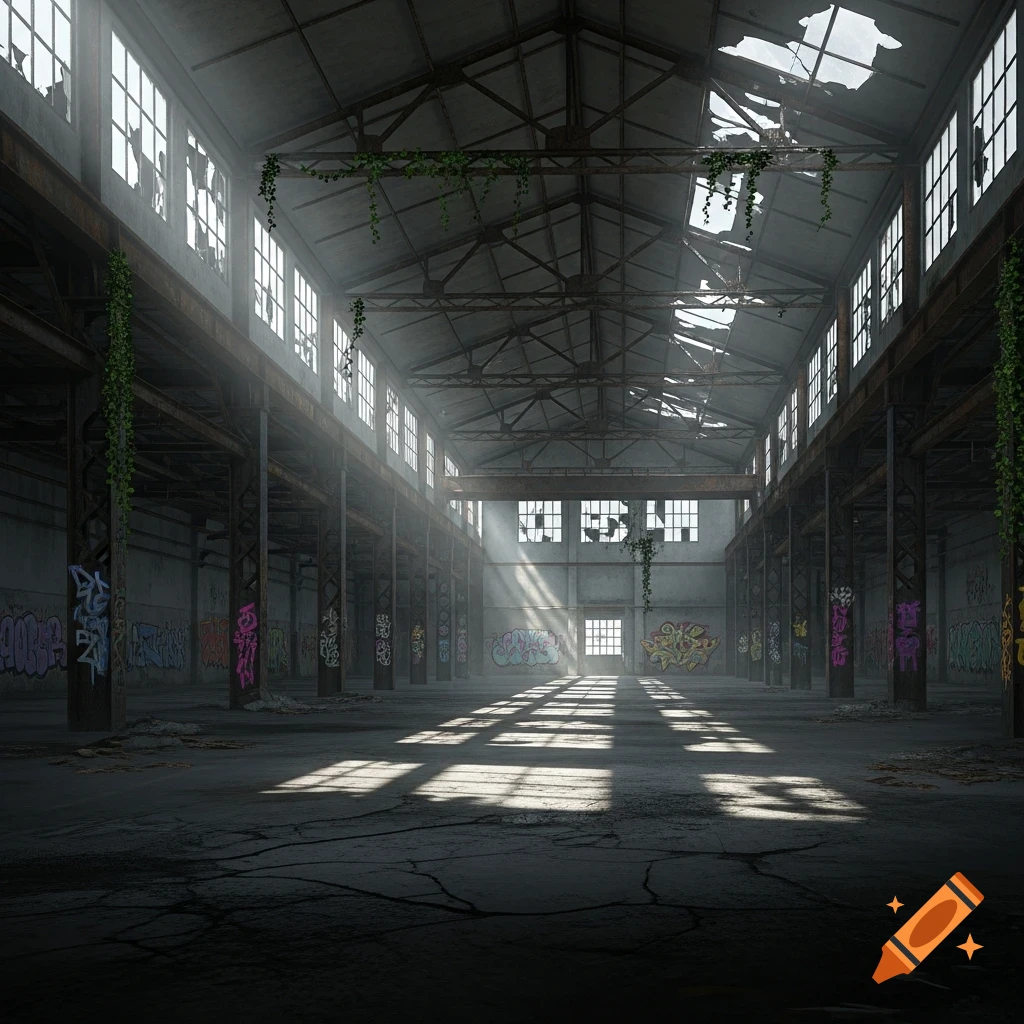 An abandoned, dilapidated factory interior with broken windows, crumbling concrete, graffiti-covered walls, and sunlight streaming through in long rays.
