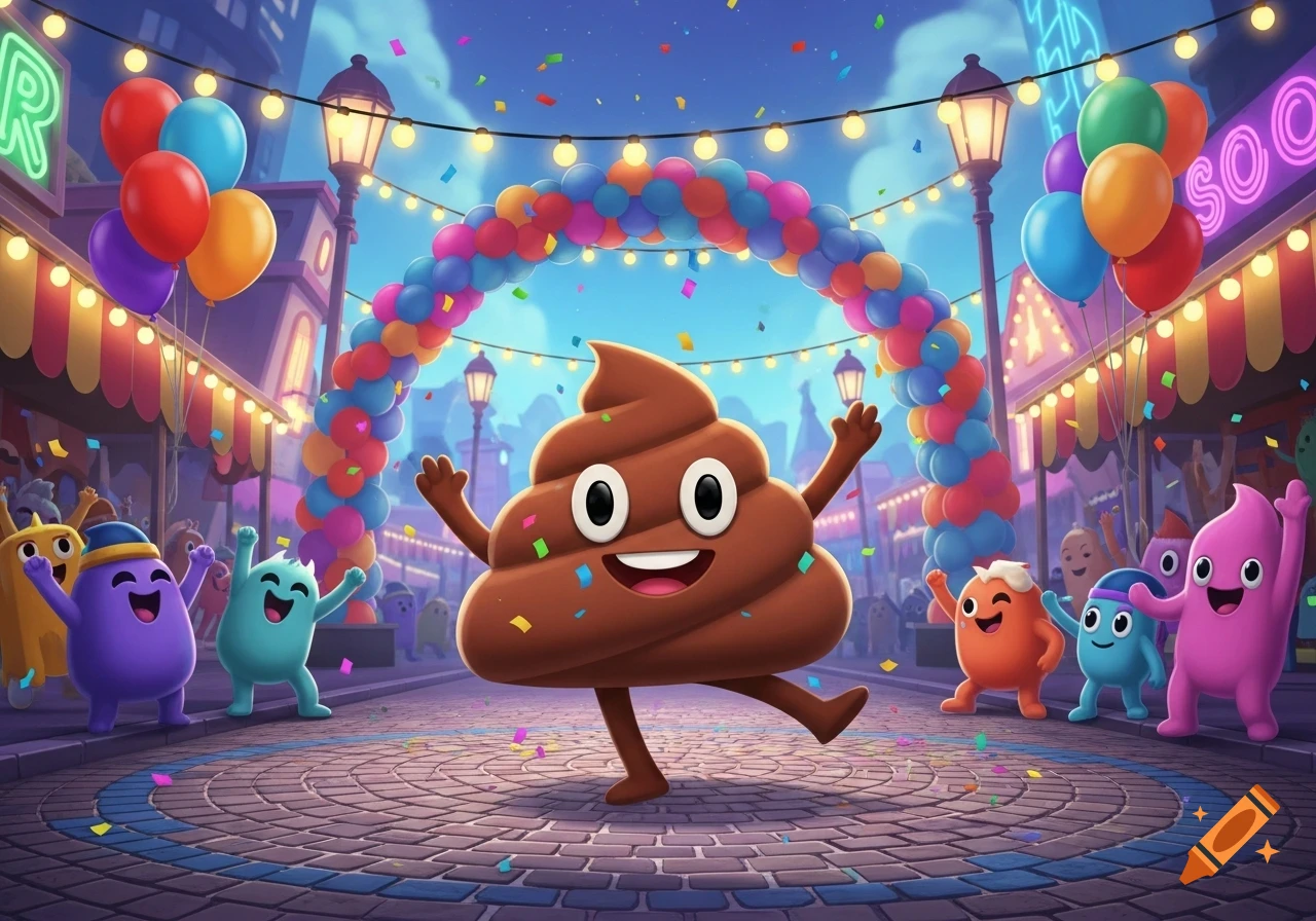 A cheerful poop emoji character dances in a festive street decorated with balloons, confetti, and string lights, surrounded by other colorful cartoon characters.
