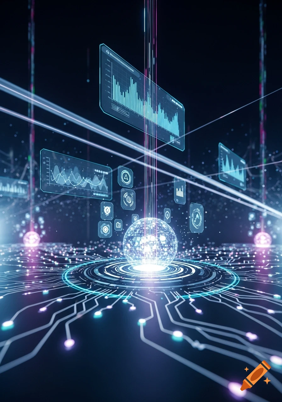 Glowing digital globe on a circuit board with abstract data visualizations and light beams in a futuristic network setting.