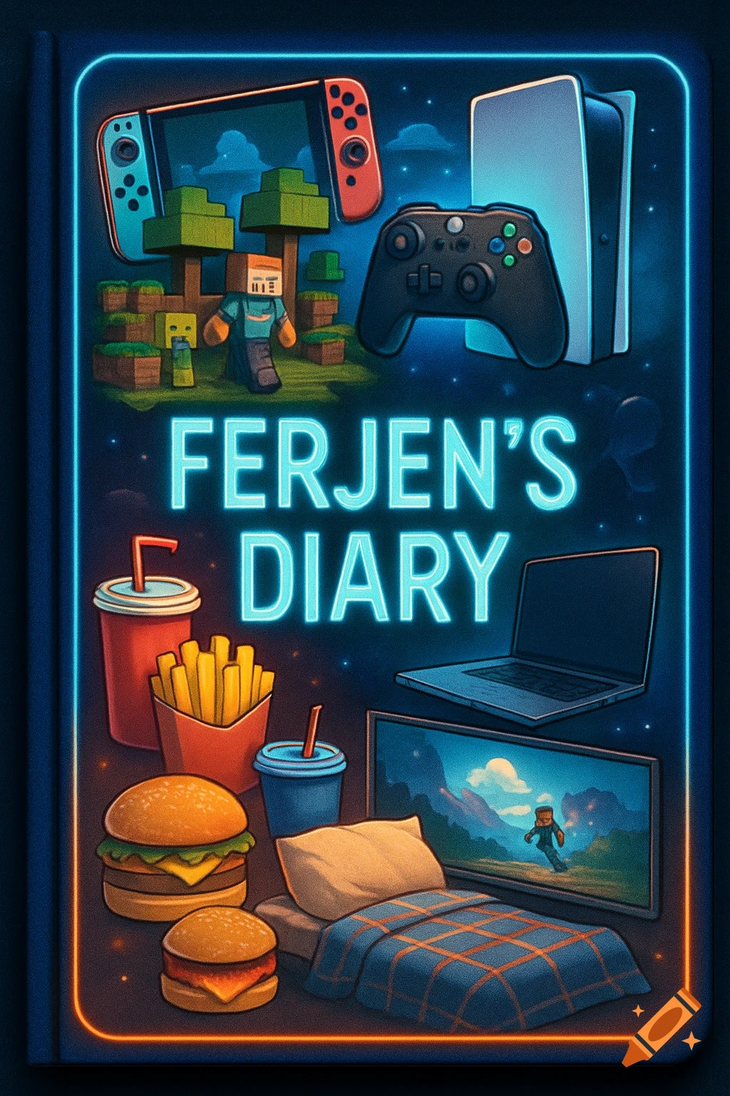 An illustrative diary cover with 'FERJEN'S DIARY' in neon letters, surrounded by gaming consoles, fast food, and bedroom items.