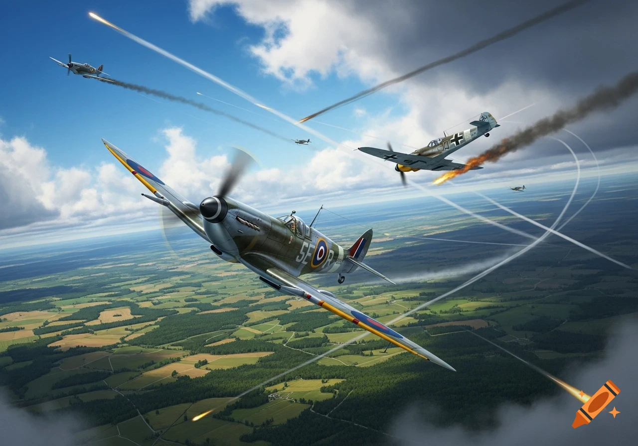 A detailed illustration of a World War 2 aerial dogfight between a British Spitfire and a German BF109 over a green, patchy landscape.